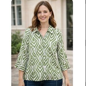 JM Collection 100% Linen Button Up Top Coastal Beachy Summer Green Comfy Size 14